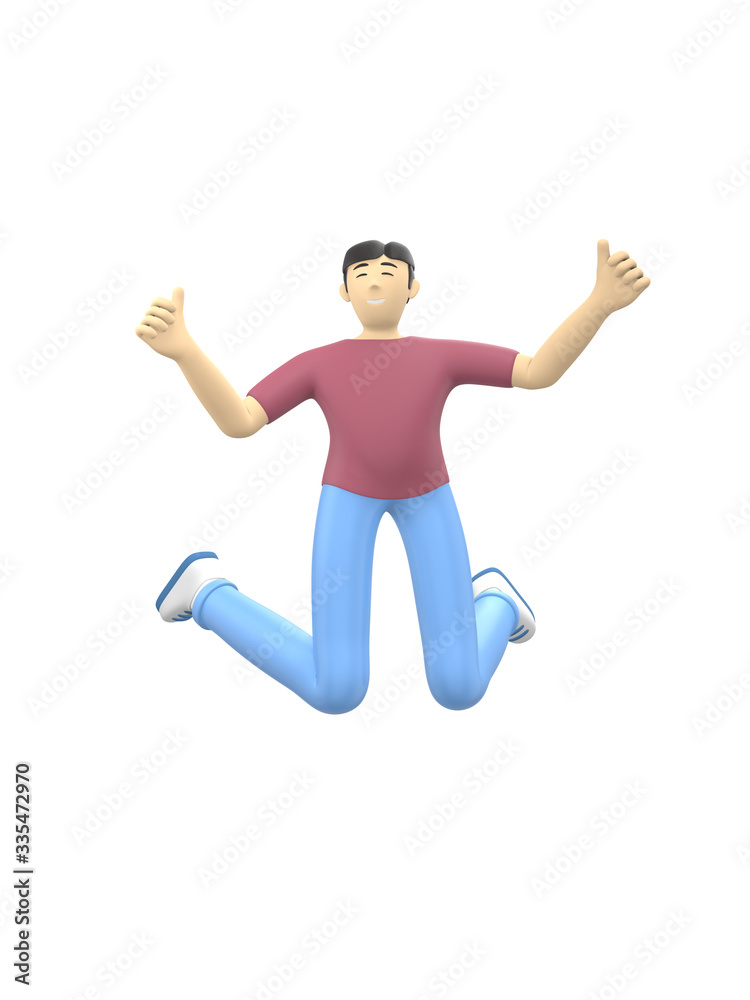 3D rendering character of an Asian guy jumping and dancing holding his hands up. Happy cartoon people, student, businessman. Positive illustration is isolated on a white background. 3D rendering character of an Asian guy jumping and dancing holding his hands up. Happy cartoon people, student, businessman. Positive illustration is isolated on a white background.