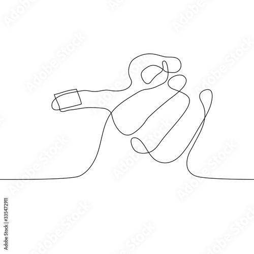 One continuous line drawing with a hand and an exposed index finger on the tip of which is a potential vaccine against coronavirus. Possible antiviral vaccine against covid-19