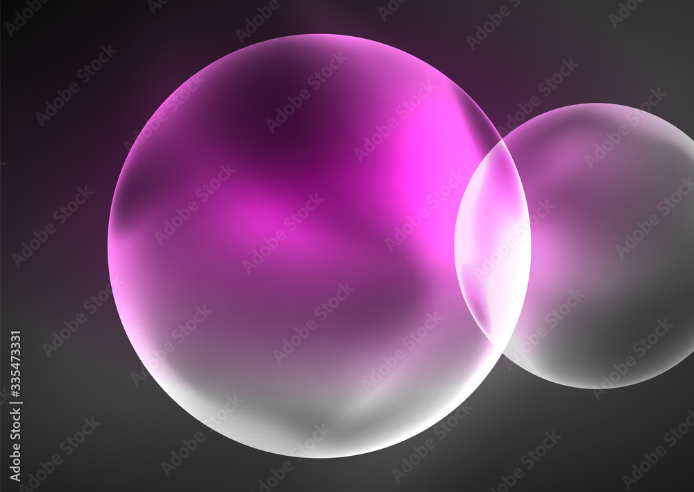 Glowing neon shiny transparent bubbles, glass circles or bio cell concept. Techno futuristic vector abstract background For Wallpaper, Banner, Background, Card, Book Illustration, landing page
