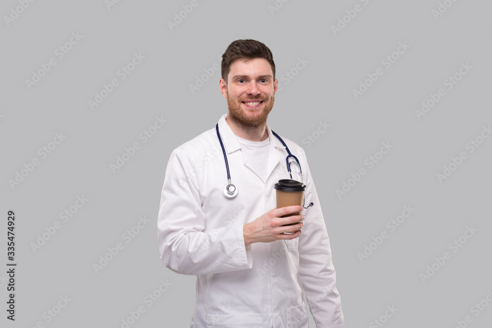 Doctor Holding Coffe Take Away Cup Smiling Isolated Doctor Holding Coffe Take Away Cup Smiling Isolated