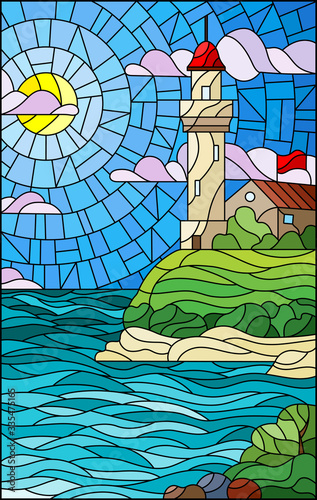Illustration in stained glass style with seascape, lighthouse  on a background of sea and Sunny sky