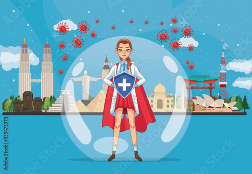 super female doctor with shield and cloak vs covid19