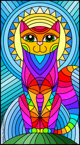 Illustration in stained glass style with abstract geometric cat and the sun on an abstract blue background