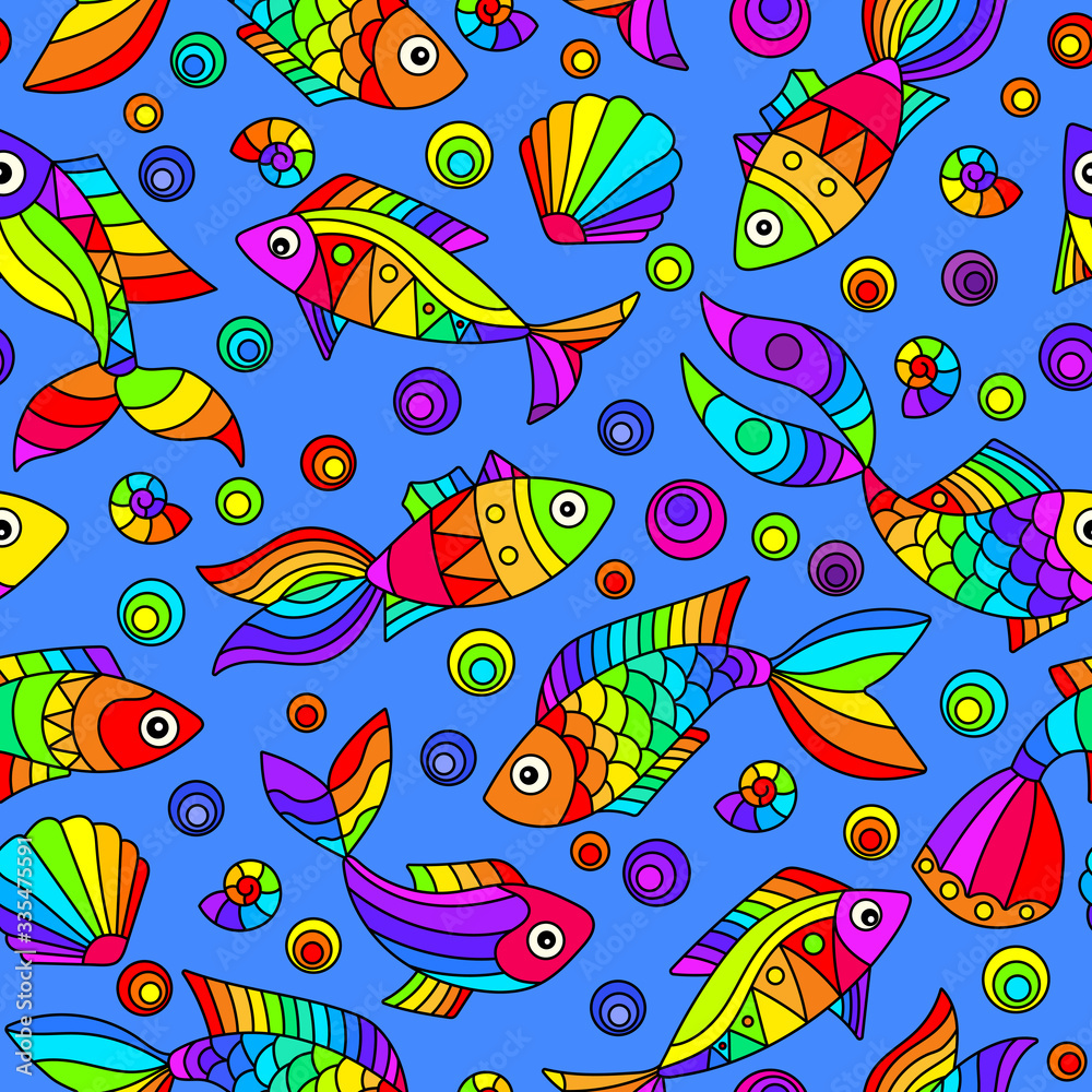 Seamless pattern on a marine theme with bright rainbow fish and shells, bright fish on a blue background Seamless pattern on a marine theme with bright rainbow fish and shells, bright fish on a blue background