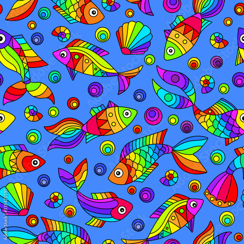 Seamless pattern on a marine theme with bright rainbow fish and shells, bright fish on a blue background
