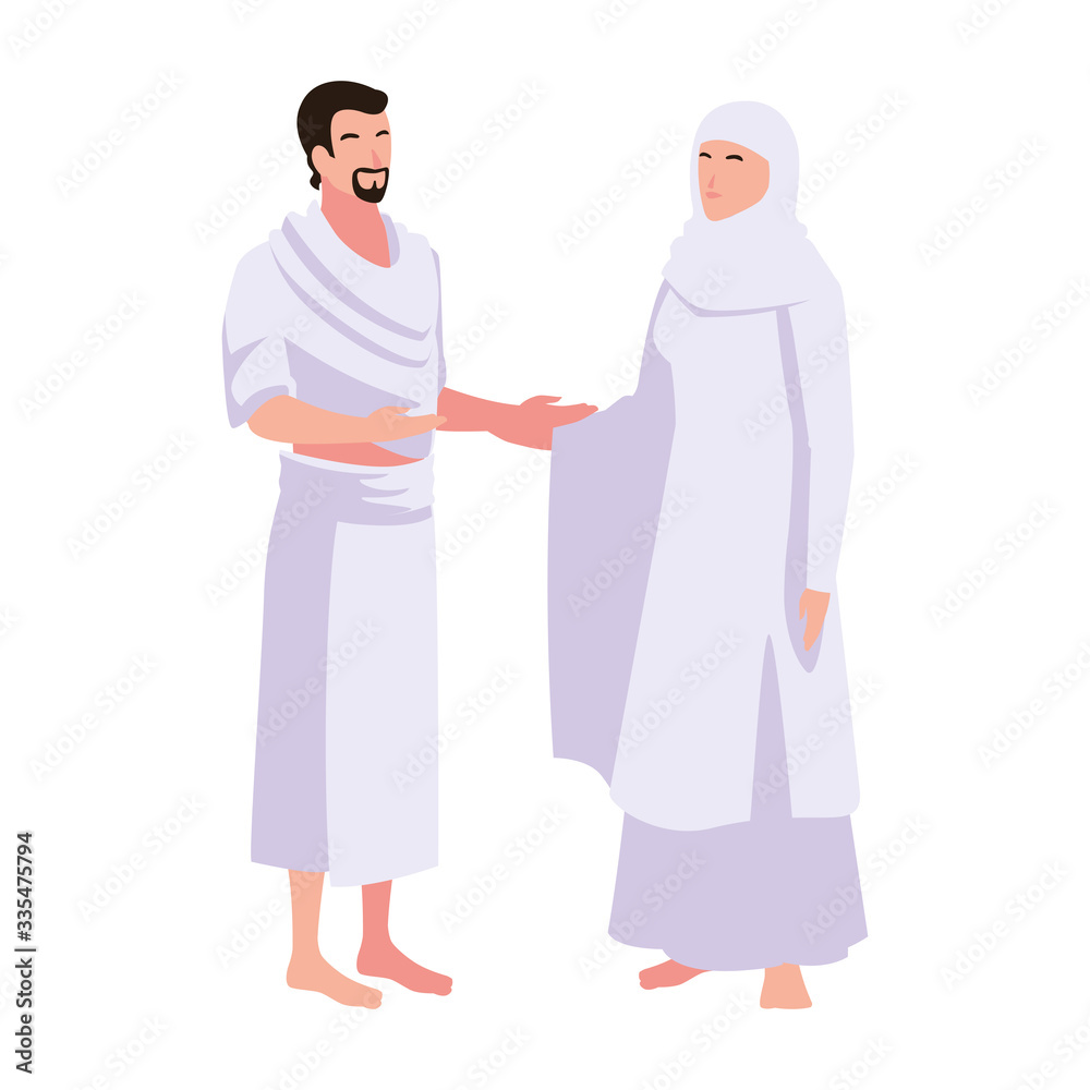 couple of people pilgrims hajj standing on white background couple of people pilgrims hajj standing on white background
