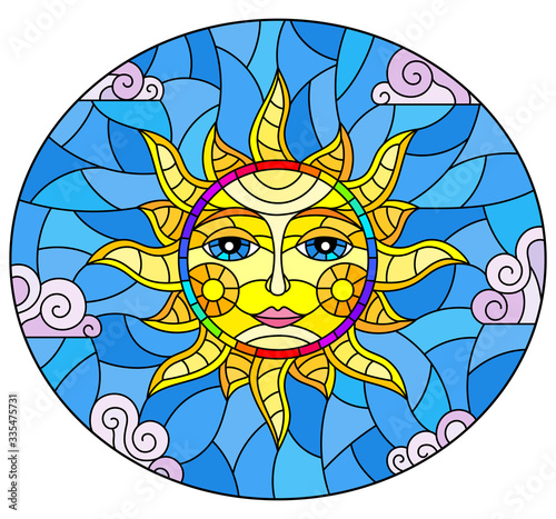Fototapeta Naklejka Na Ścianę i Meble -  Illustration in stained glass style with fabulous sun with the face on the background of sky and clouds, oval image