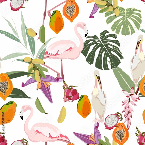 Seamless tropical summer pattern with pink flamingo, leaves, pineapple, watermelon and lemon slices, banana. Perfect for wallpapers, web page backgrounds, surface textures, textile.
