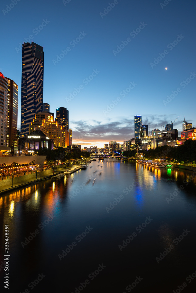 Yarra River and Melbourne skyline at sunset