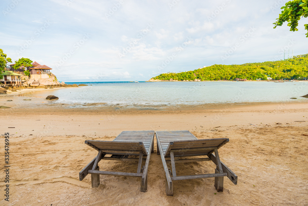 Empty beach chair white sand with coconut palm tree paradise sea Empty beach chair white sand with coconut palm tree paradise sea