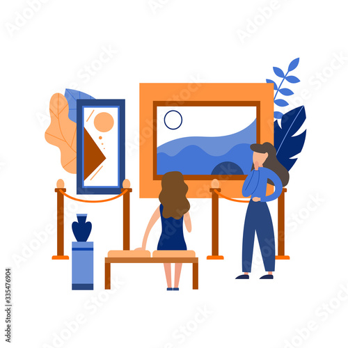 Creative art gallery. Museum exhibition with people. Poster cartoon concept. Showroom artwork design. Flat vector illustration