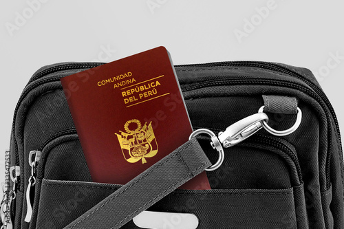 Close up of Peru Passport in Black Travel Bag Pocket