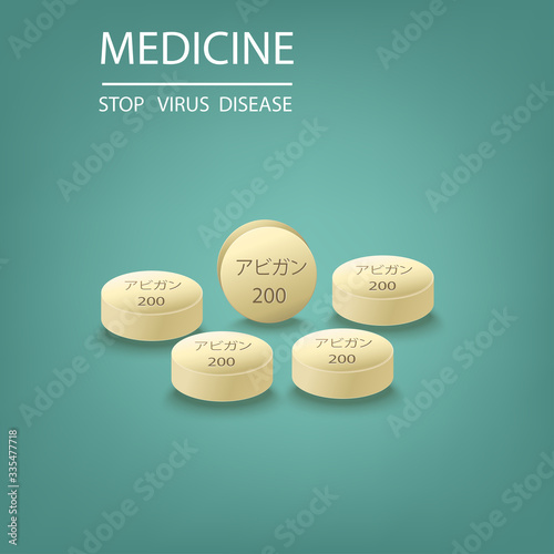 Medicine tablet with text has meaning Faripiravir medicine or Avigan to treat virus include Covid-19 approved by China can use for anti Coronavirus Vector illustration