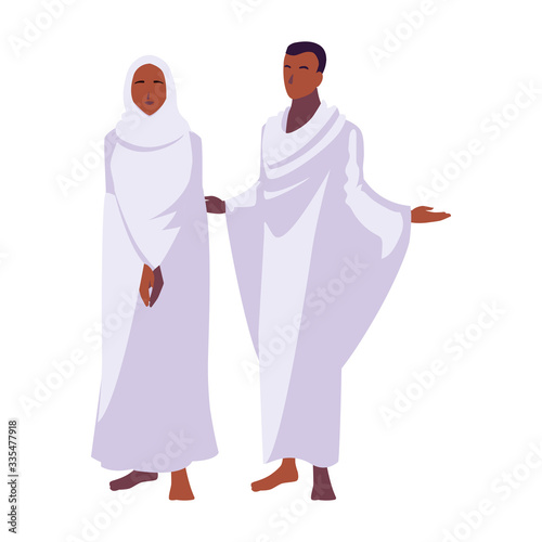 couple of people pilgrims hajj standing on white background