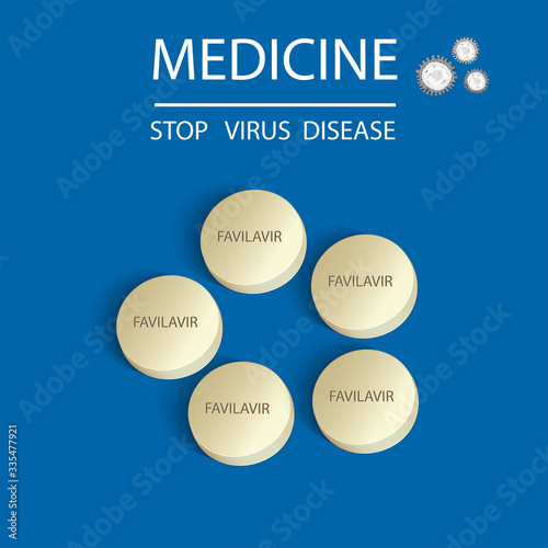 Medicine tablet with text Favilavir is name of drug for anti virus or Avigan to treat virus include Covid-19 approved by China can use for anti Coronavirus disease Vector illustration