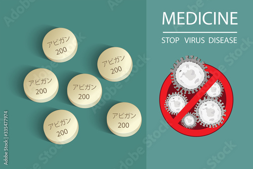 Medicine tablet with text has meaning Faripiravir medicine or Avigan to treat virus include Covid-19 approved by China can use for anti Coronavirus Vector illustration