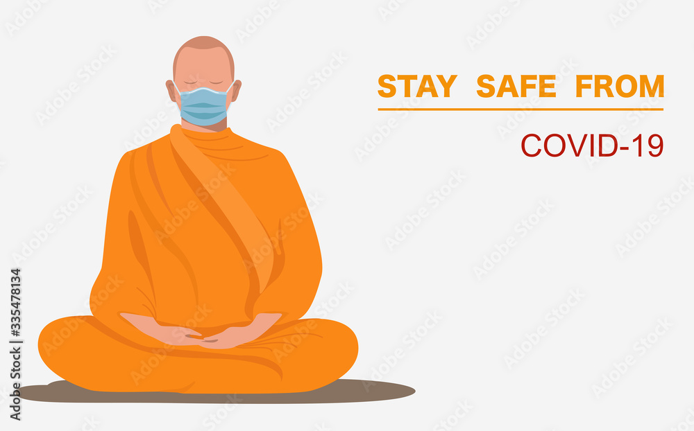 Thai monk wearing surgical face mask meditate calm the mind pray for covid Disappear from this world vector