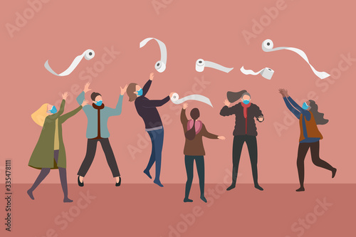 Housewives shoppers fight for toilet paper tissues to hoard in worst case of COVID-19 pandemic ,Coronavirus Disease effect concept vector