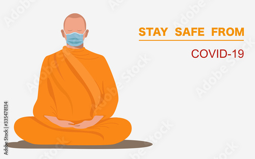 Thai monk wearing surgical face mask meditate calm the mind pray for covid Disappear from this world vector