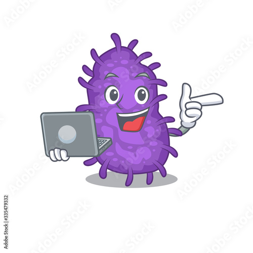 Cartoon character of bacteria bacilli clever student studying with a laptop