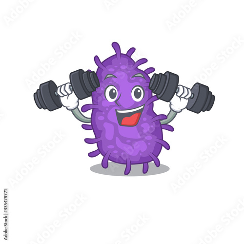 Mascot design of smiling Fitness exercise bacteria bacilli lift up barbells