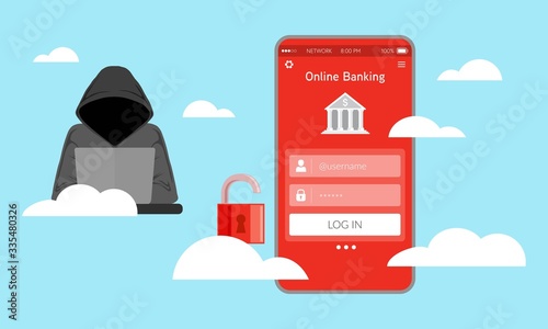 Illustration of vulnerable online banking systems. Unsecured application on smart phone. Business risk on digital transformation.