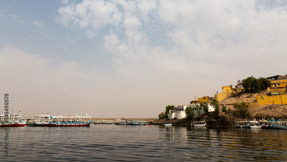 Small port and boats on on the bank of the Nile