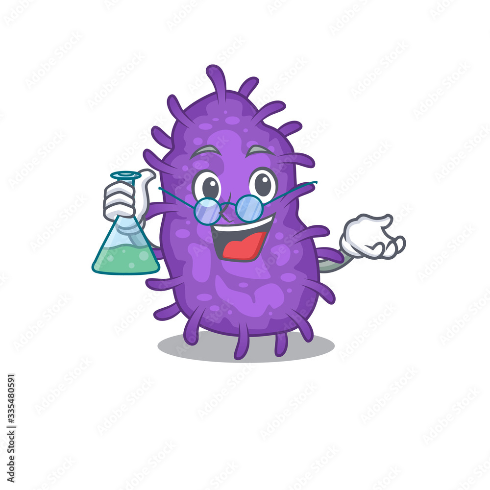 Bacteria bacilli smart Professor Cartoon design style working with glass tube