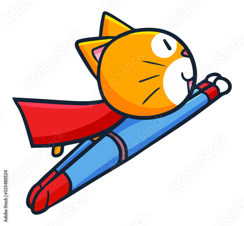 Cute and funny super cat flying happily