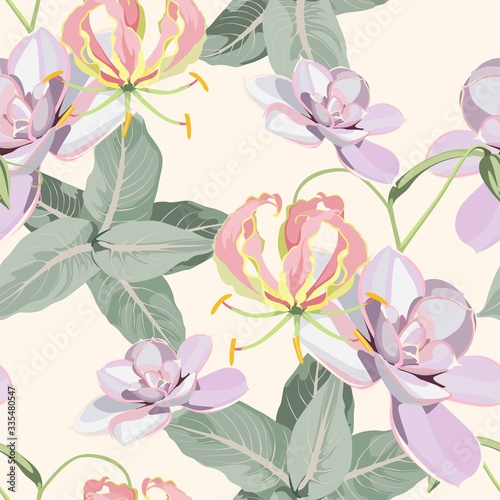 Seamless pattern: Succulent flower plant watercolor hand drawn beautiful elements. Nature botanical art elegant greenery wallpaper background print design Lovely various echeveria exotic bouquet.