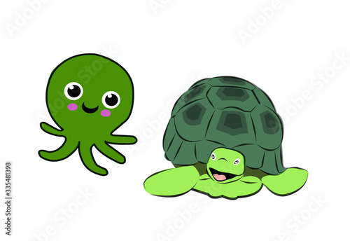 turtle and octopus isolated on white background.wildlife concept.