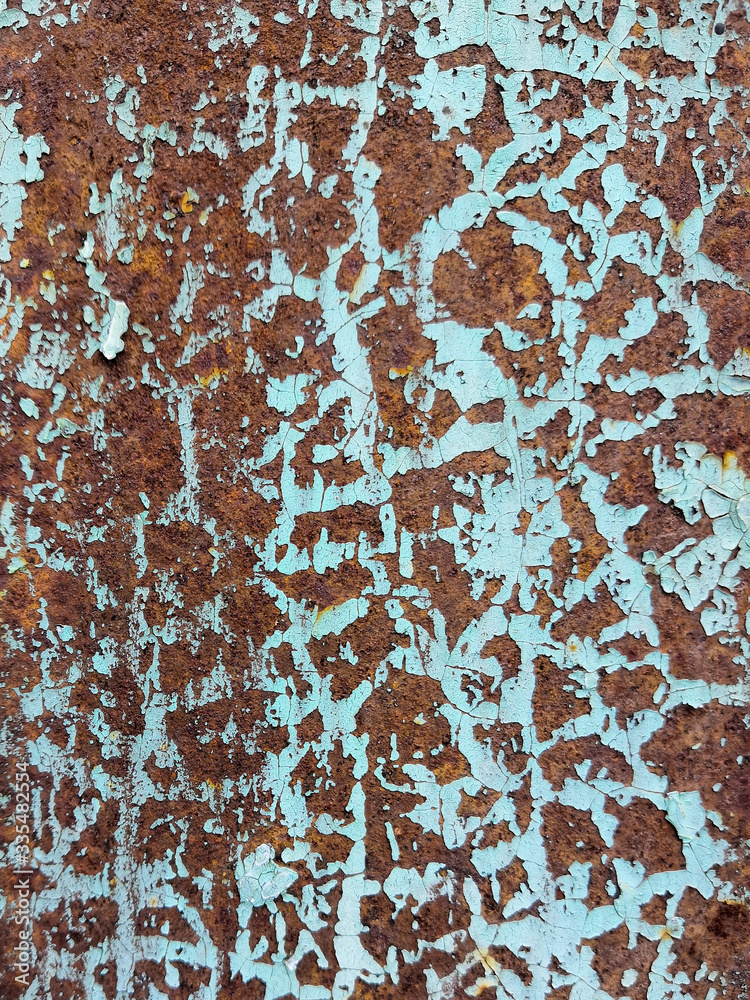 Fototapeta premium Old grunge vintage background: rusty metal surface with blue paint flaking and cracking texture
