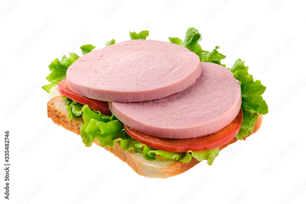 Sandwich with salad, tomato and sausage isolated on white Sandwich with salad, tomato and sausage isolated on white
