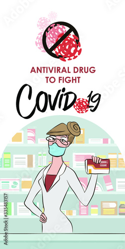Woman pharmacist standing at the counter in a pharmacy recommending a new medicine. Fighting the virus with antibiotics. - Vector. antiviral drug for combating Covid-19