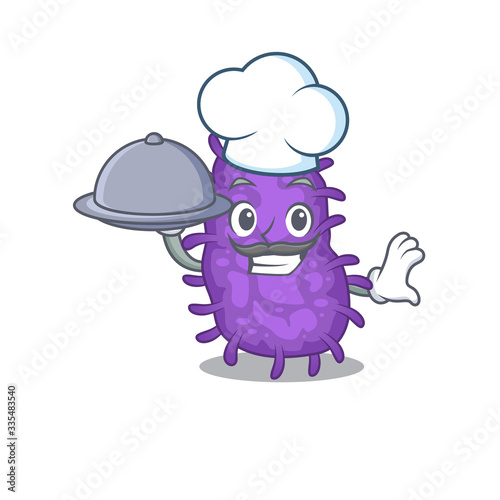 Bacteria bacilli chef cartoon character serving food on tray