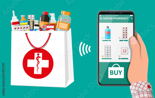Hand holding mobile phone with internet pharmacy shopping app. Bag with pills drugs. Medical assistance, help, support online. Health care application on smartphone. Vector illustration in flat style