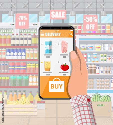 Hand holding smartphone with shopping app. Grocery store delivery. Internet order. Online supermaket. Shop interior with food and drinks. Milk, vegetables, meat, cheese. Flat vector illustration