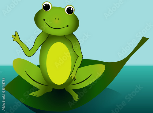 Cute smile green frog sitting on leaf with pond and sky. Simple vector illustration