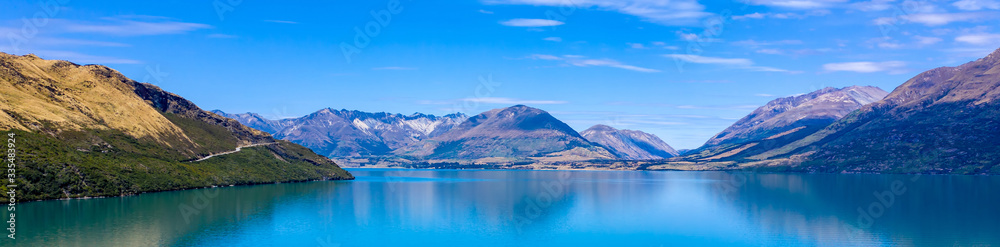 Beautiful aerial view of Lake Wakatipu near Queenstown, Otago, Glenorchy with Southern Alpines mountains in the background