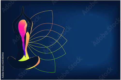 Yoga background with women sit with crossed legs and meditate with space for text.Young woman sits in lotus pose of yoga.  Free mind concept. Vector .