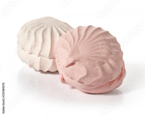 White and pink marshmallows isolated on white background. Sweet dessert