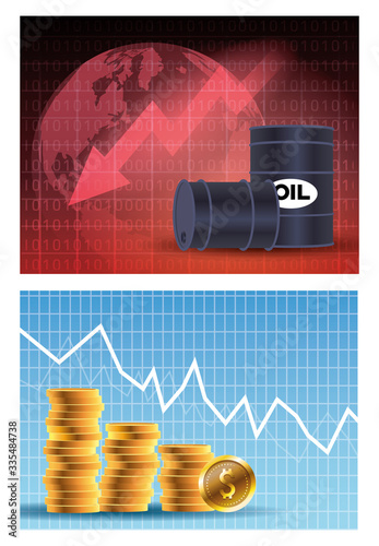 oil price market with barrels and coins