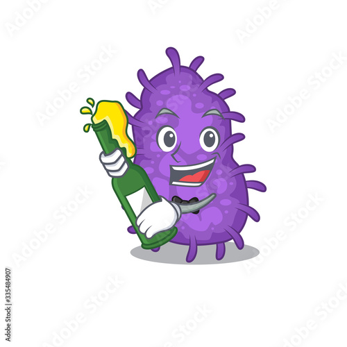 Mascot character design of bacteria bacilli say cheers with bottle of beer