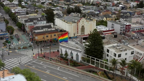 Aerial footage of the Castro District in San Francisco during coronavirus / covid-19 / pandemic quarantine. Empty streets. 