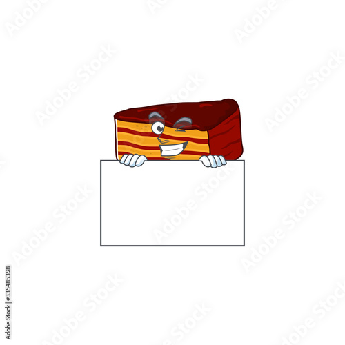Sneaky dobos torte cartoon character style hiding behind a board