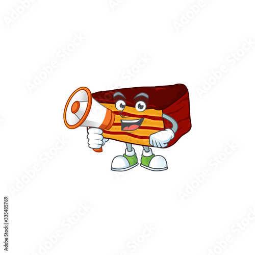 A picture of dobos torte cartoon design style speaking on a megaphone