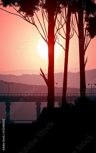 Bridges and travel. Natural forest mountains horizon hills silhouettes of trees. Sunrise and sunset. Landscape wallpaper. Illustration vector style. Colorful view background.