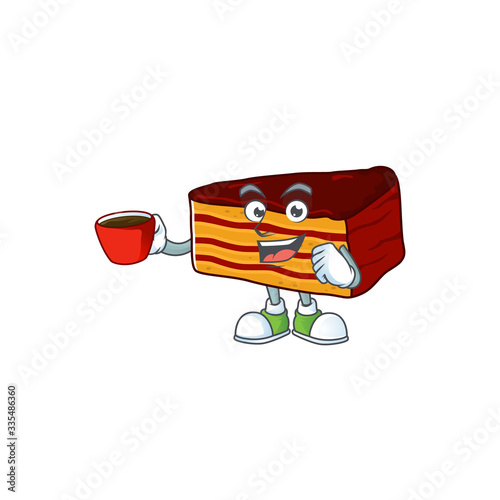 An image cartoon character of dobos torte with a cup of coffee