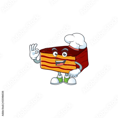 Dobos torte cartoon design style proudly wearing white chef hat