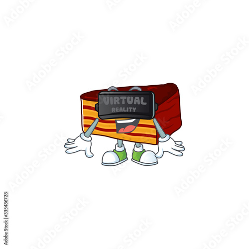 A cartoon mascot of dobos torte enjoying game with Virtual reality headset